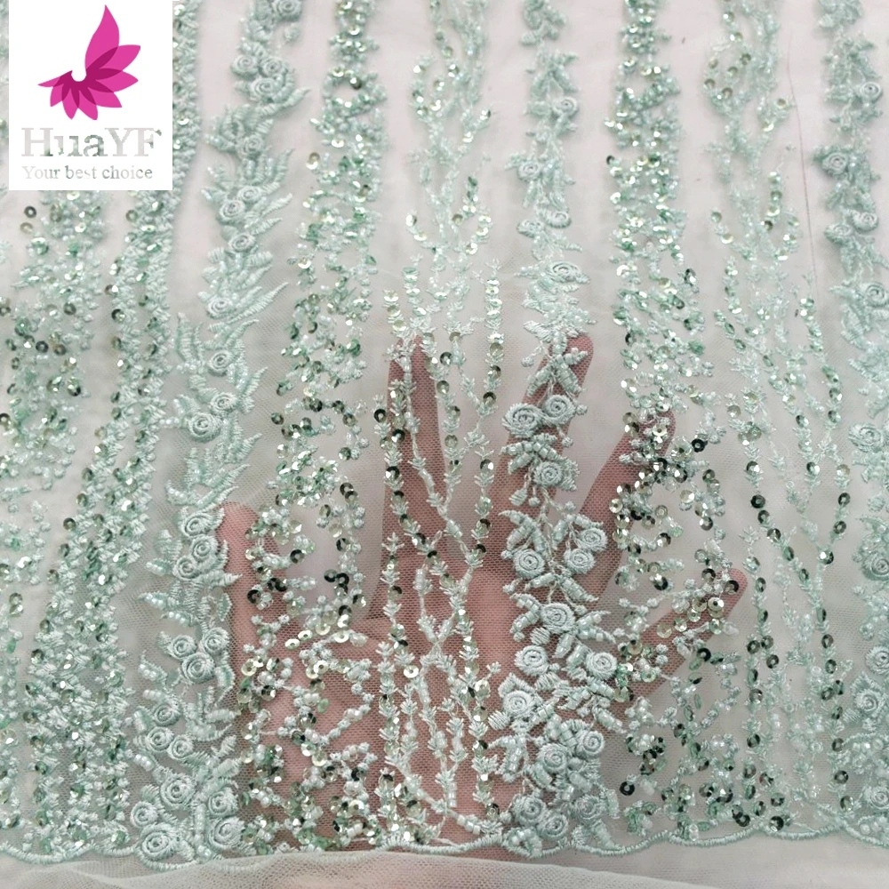 Hot Sale French Mint Green High Quality Embroidery Sequins Lace Dress Wedding Fabric HY1420-1