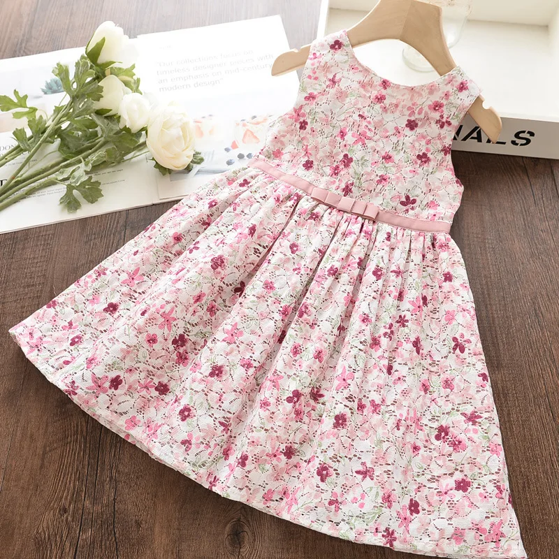 

2020 New Baby Girls Summer Hollow Floral Sleeveless Dress Top Fashion Girl Kids Birthday Party Princess Dresses Vestido Clothes