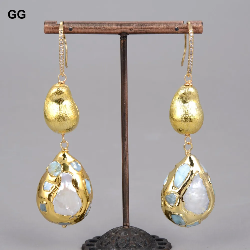 

G-G Cultured White Pearl Teardrop Blue larimar Paved Brushed Beadd Dangle Hook Earrings