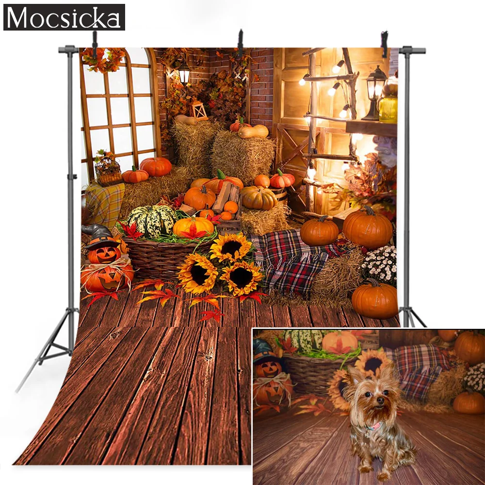 

Fall Thanksgiving Backdrop Barn Autumn Pumpkins Baby Portrait Photography Maple Leaves Sunflower Halloween Party Background