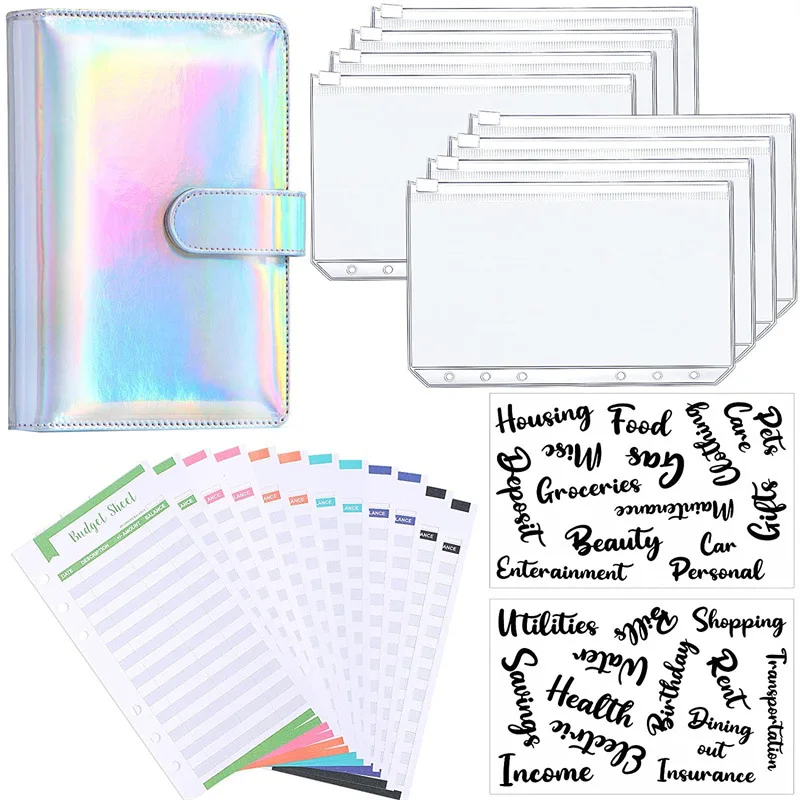 A5 Glitter PU Leather Binder Budget Envelope Planner Organizer System With Clear Zipper Pockets Expense Budget Sheets