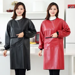 Long-sleeve PU Leather Apron Kitchen Cooking Pet Shop Waterproof Oil-proof Soft Anti-wear Gown Adults Women's Overall Big Pocket