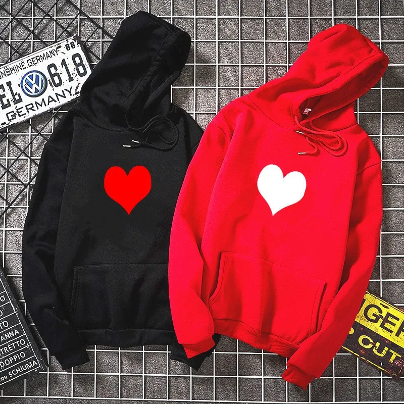 

Autumn Winter Hoodies Fleece Heart Print Harajuku Pullover Loose Lover Hoodies Sweatshirts Couple Casual Coat Womens