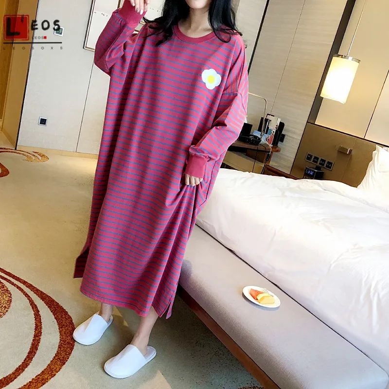 Women Sleepwear Stripe Fruit Print Nightdress For Lady Homewear Summer Loose Plus Long Dress Long Sleeve Fashion Female Clothes