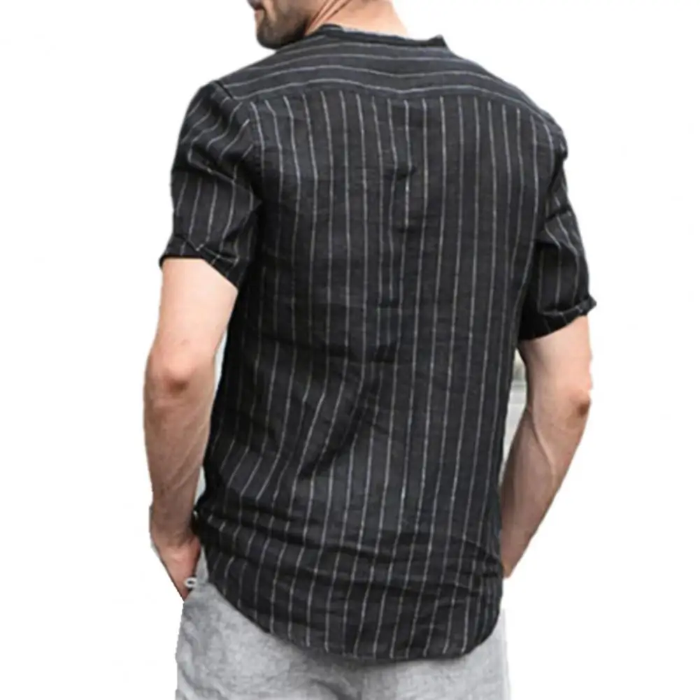 2021 Men\'s Shirt New Linen Short Sleeve Mens Shirts Summer Striped Slim Stand Collar Shirt Male Clothes Plus Size Casual Shirt