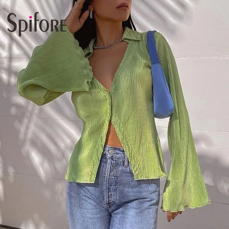 Spifore Green Flare Sleeve Women Tops Sexy V Neck Long Sleeve Autumn T-Shirt Streetwear Casual Sheath Summer Shirts Fashion