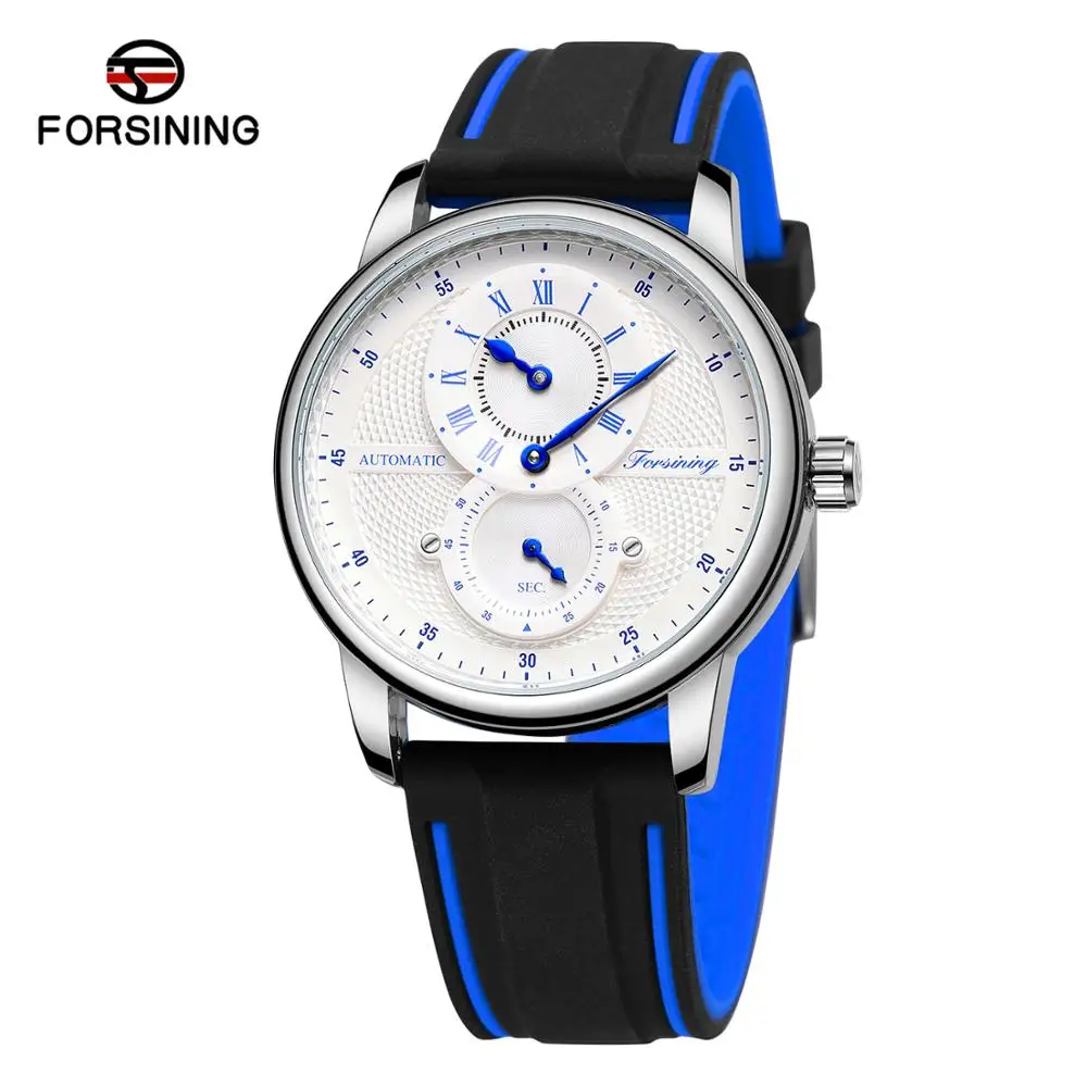 

Forsining Double Eyes Three Needles Casual Sports Men's Automatic Mechanical Strap Blue Silicone Strap