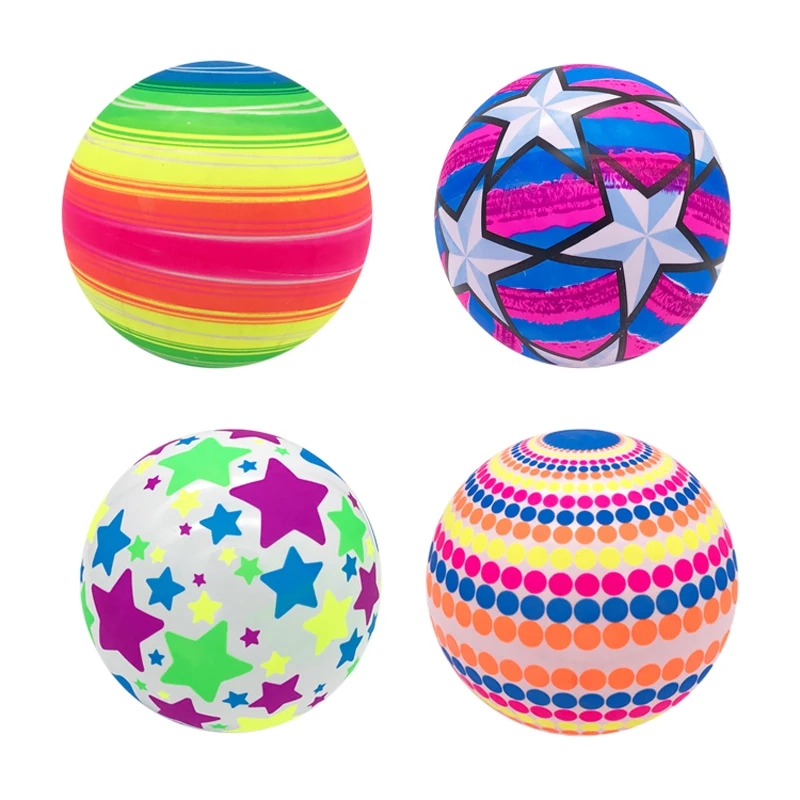 9“ Rainbow Color Star Pattern Inflatable Toy Ball Indoor And Outdoor Sports Rubber Beach Ball Parent Child Games Gifts For Kid