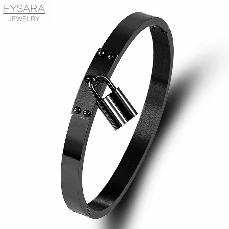 FYSARA Fashion Lock Charm Bracelets Stainless Steel Black Gold Color Metal Buckle Bangles Female Party Simple Jewery