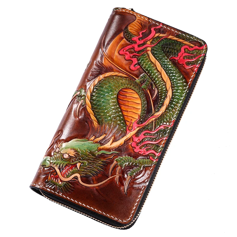 Handmade Wallets Carving Double Dragon Blessing Purses Men Long Clutch Vegetable Tanned Leather Wallet Card Holder