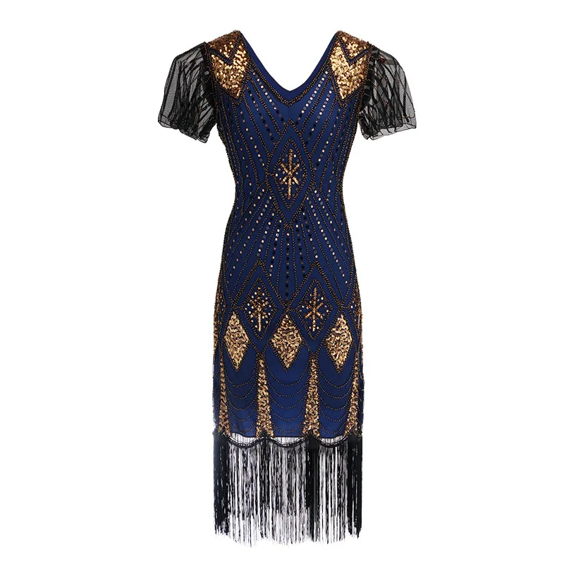 Art Deco 1920s Flapper Cosplay Dress Great Gatsby V Neck Sequin Beaded Fringed Vestidos Dress Costume  with 20s Accessories Set