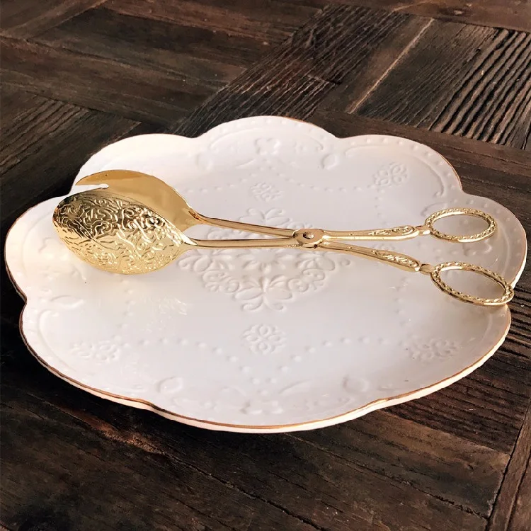 Vintage Retro Bread Steak Food BBQ Salad Toast Gold Tongs Cake Pastry Tea Clips Clamp Kitchen Cooking Tool Buffet Kitchen 12cm