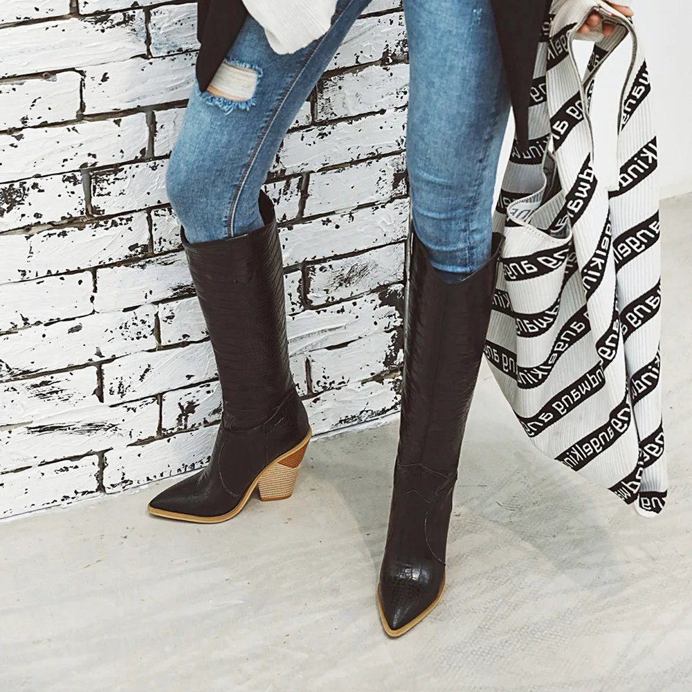 Fashion Knee High Boots Western Cowboy Boats for Women Long Winter Pointed Toe Cowgirl Wedges Motorcycle Booties Yellow Red