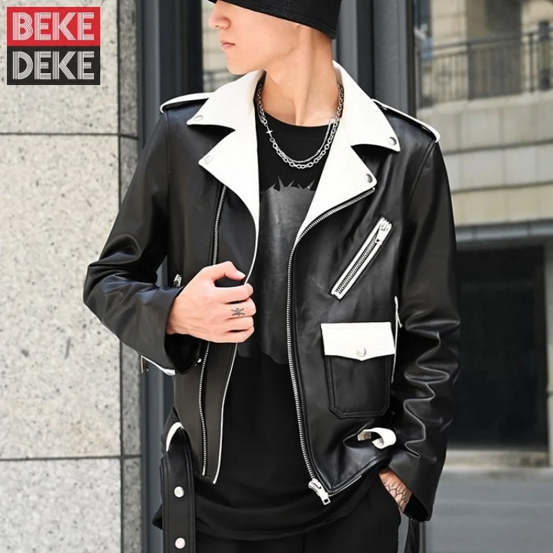 Designer Brand Luxury Real Sheepskin Jacket Men Belted Slim Fit Genuine Leather Coat Male Moto Biker Windproof Leather Jackets