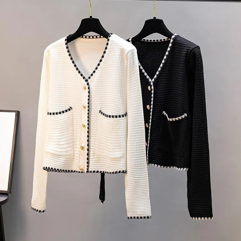 Zoki Women Cardigan Sweater Autumn Fashion V Neck Button Up Knitted Thin Jacket Korean Long Sleeve Casual Black White Coat