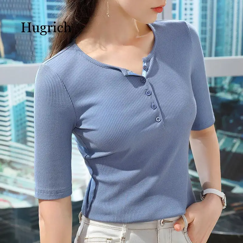 Mid Sleeve T-Shirt Women's Spring Causal Office Wear 2021 New Round Neck Elastic Cotton Top for Daily