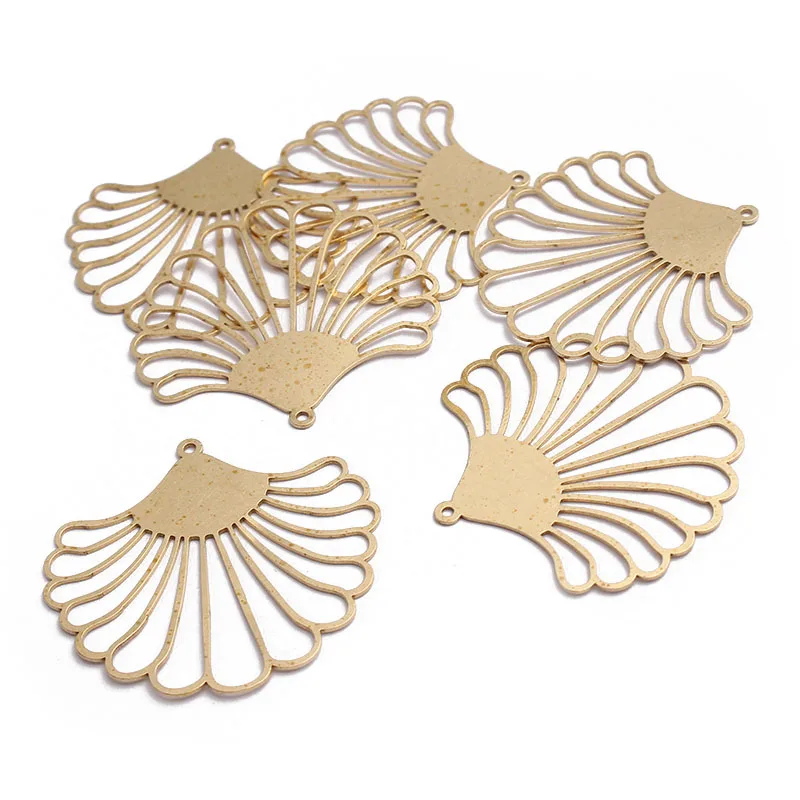 6pcs Raw Brass Large Hollow Fan Shaped Leaf Charm Pendant  For DIY Hanging Earrings Jewelry Making Supplies