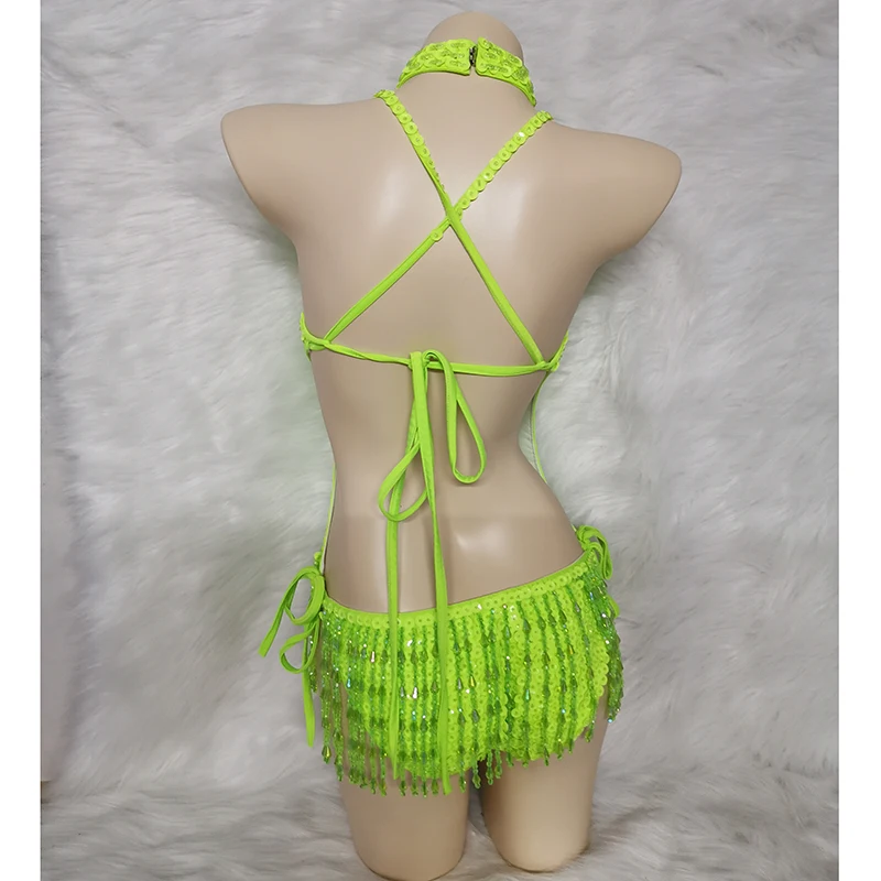 Sparkly Green Tassel Bodysuit Sexy Women Outfit Beads Sequins Carnival Costume Costume Stage Performance One-piece Dance Wear