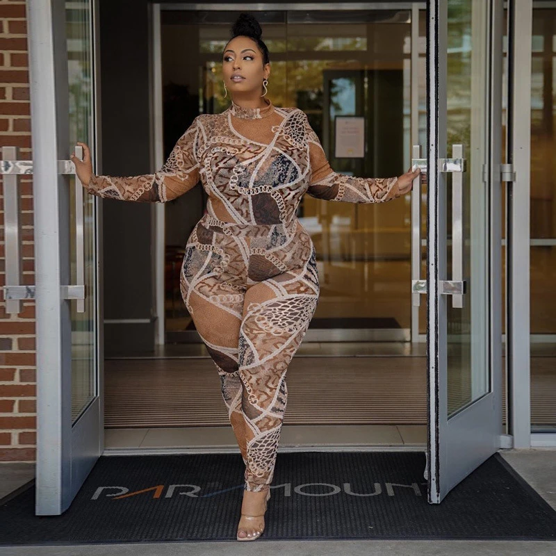 Sexy Outfits Women Plus Size Clothing Long Sleeve Bodysuit and Pants Clubwear Transparent Mesh Party Two Piece Set Dropshipping