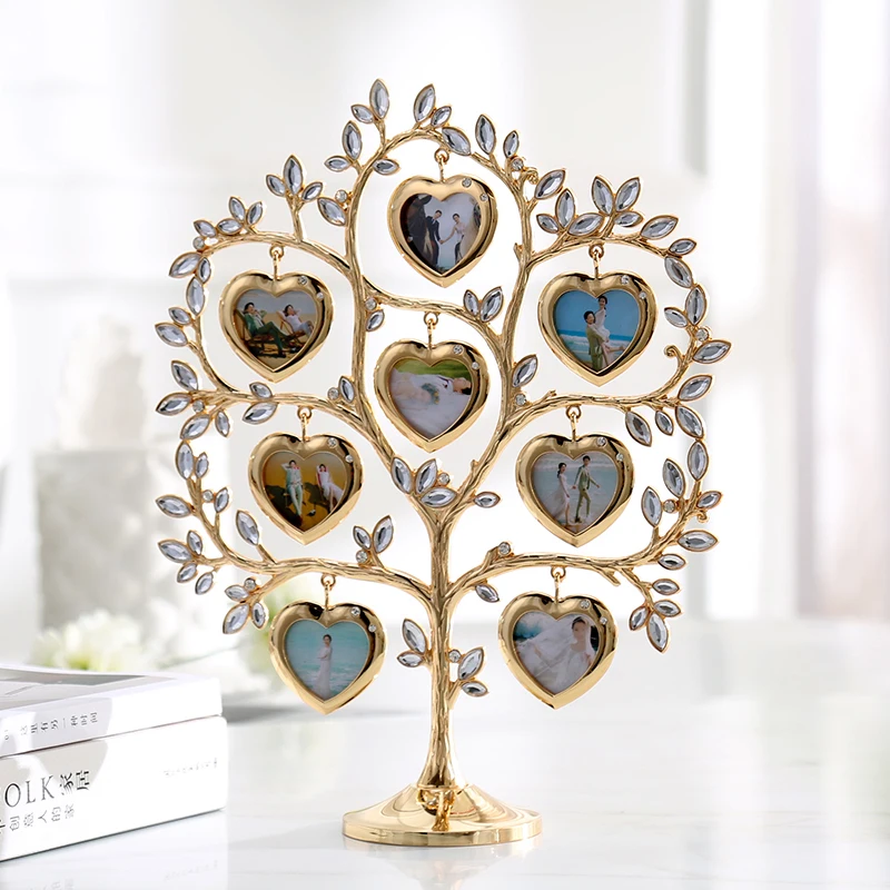 

Gold Rhinestone Family Tree with 8 Hanging Picture Frames Metal Tabletop Photo Frame Decoration