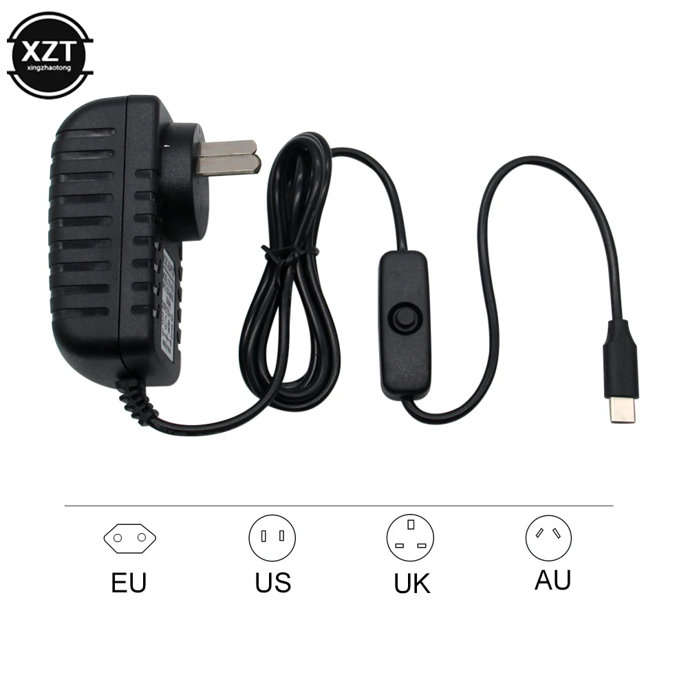 USB Cable Power Supply Type-C Charger for Raspberry Pi 4 Model B With ON/OFF Switch 5V 3A EU US AU UK Charger Adapter