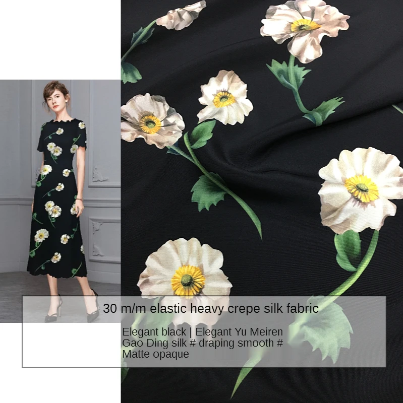 Elegant poppies print black bottom heavy crepe stretch digital printing fabric cloth natural mulberry silk haute couture fabrics