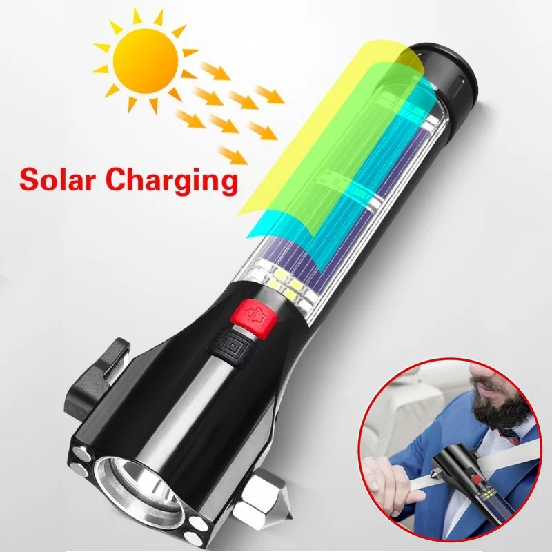 Multi-function Car Flashlight Solar Flashlight USB Rechargeable Tactical with Safety Hammer Emergency Torch Car Tool