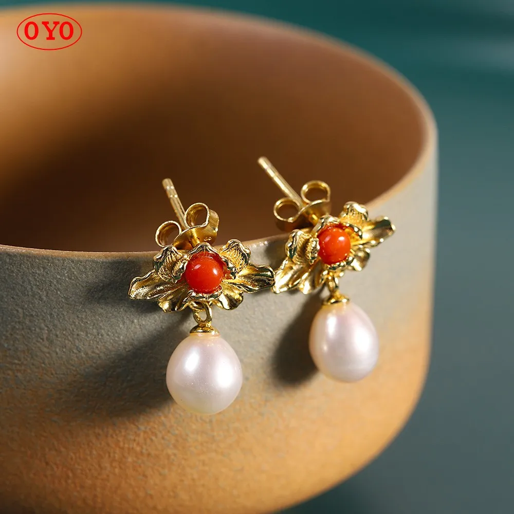 

s925 Silver Pearl Flower Stud Earrings Fashion Natural Women's South Red Stud Earrings