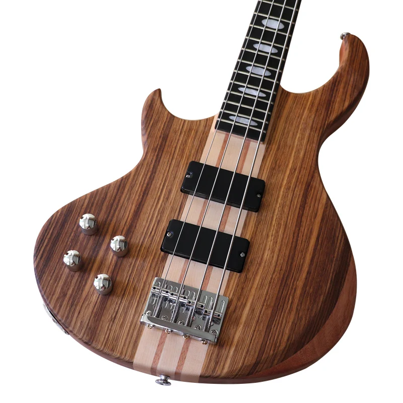 Left Hand Neck Through 4 String Zebrawood Top Active Electric Bass Guitar Natural Color