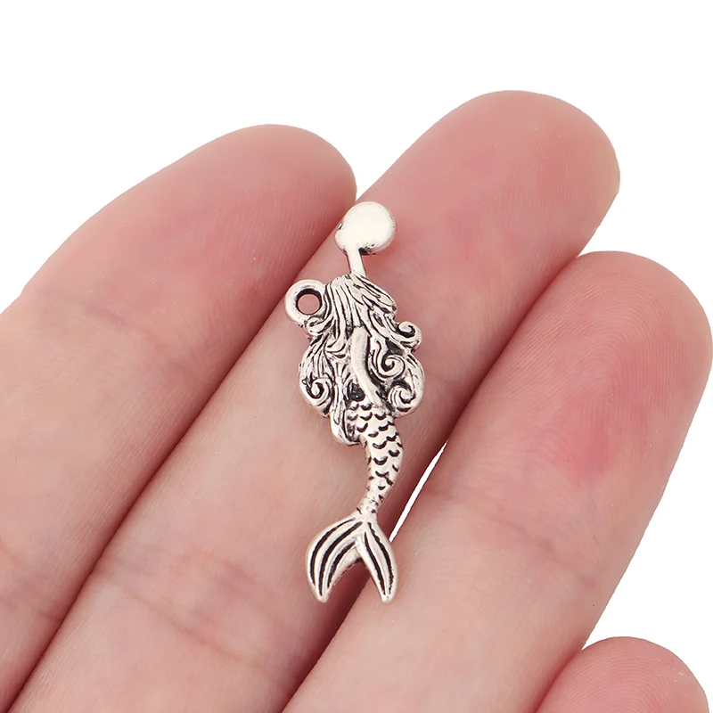 20 x Tibetan Silver Rhinestone Mermaid Charms Pendant Beads For Necklace Jewelry Making Findings 32x10mm