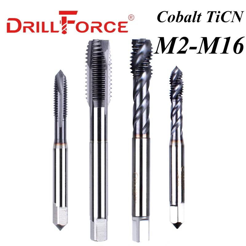 Drillforce Cobalt Screw Thread Tap Drill Bits Spiral Pointed Flute Metric M2-M16 TICN Coated Machine Tap For Stainless Steel