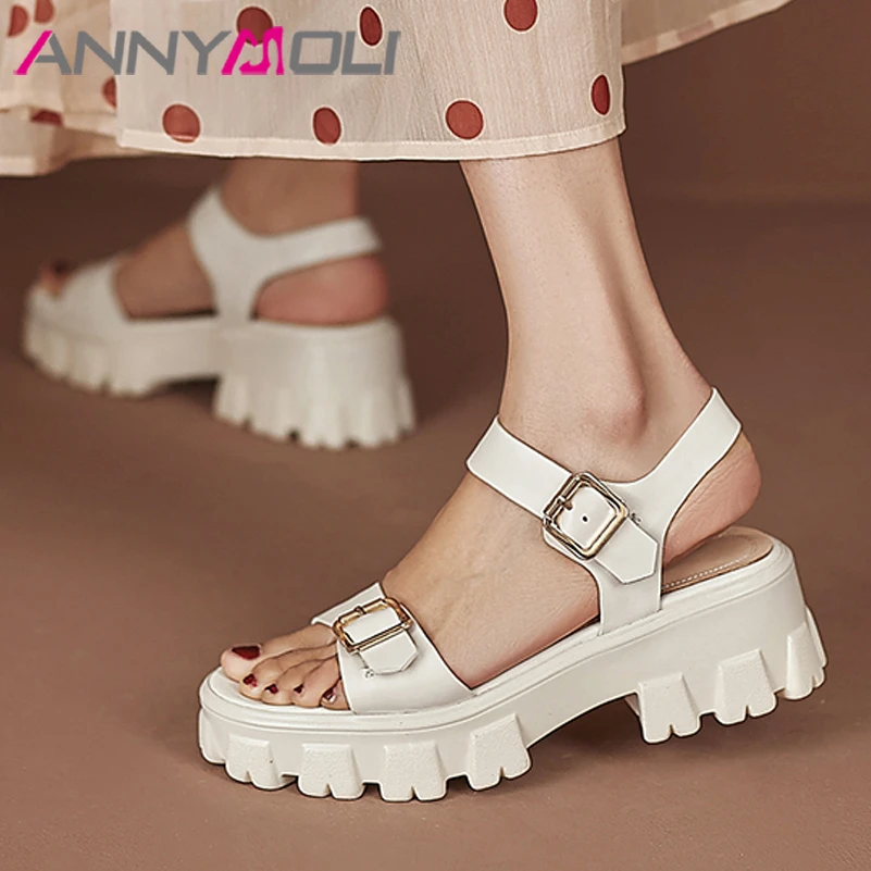 

ANNYMOLI Women Sandals Shoes Real Sandals Platform High Heel Sandals Peep Toe Chunky Ladies Footwear Summer Black Fashion 34-43