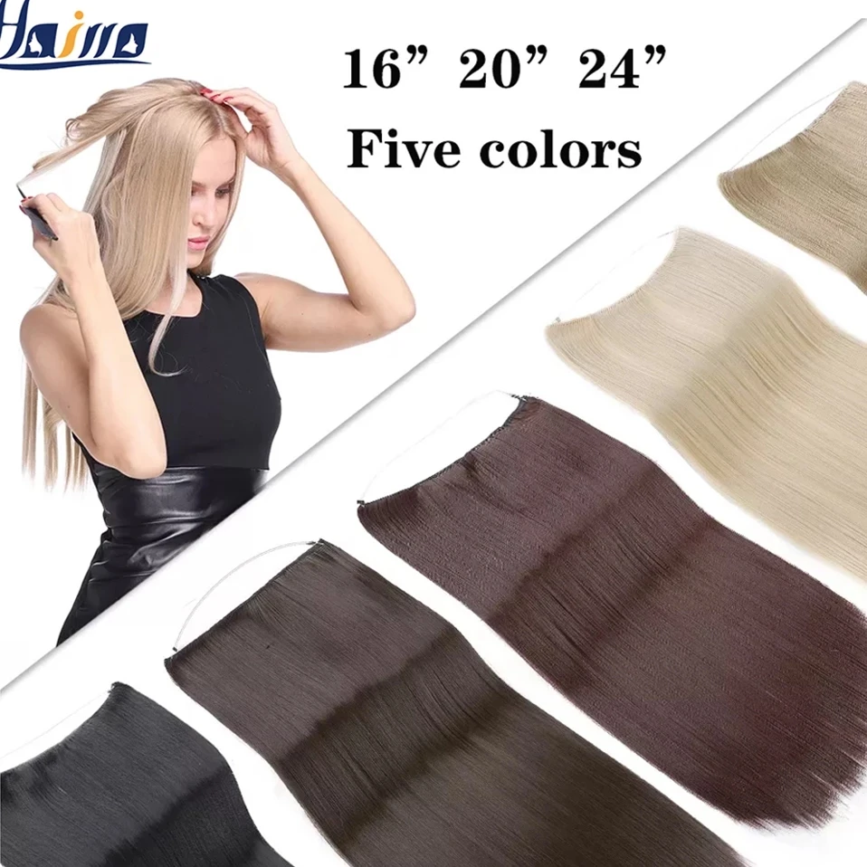 

HAIRRO No Clip Wave Hair Extensions Pure Color Synthetic Natural Black Blonde One Piece False Hairpiece Fish Line Fake Hair