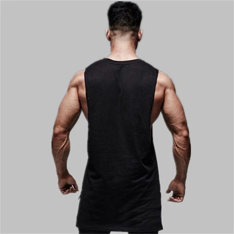 Mens Wide open Sexy Muscle Tank Top Summer Gym Clothing Cotton Fitness Workout Sleeveless Shirt Male Extend Long Hip Hop Vest