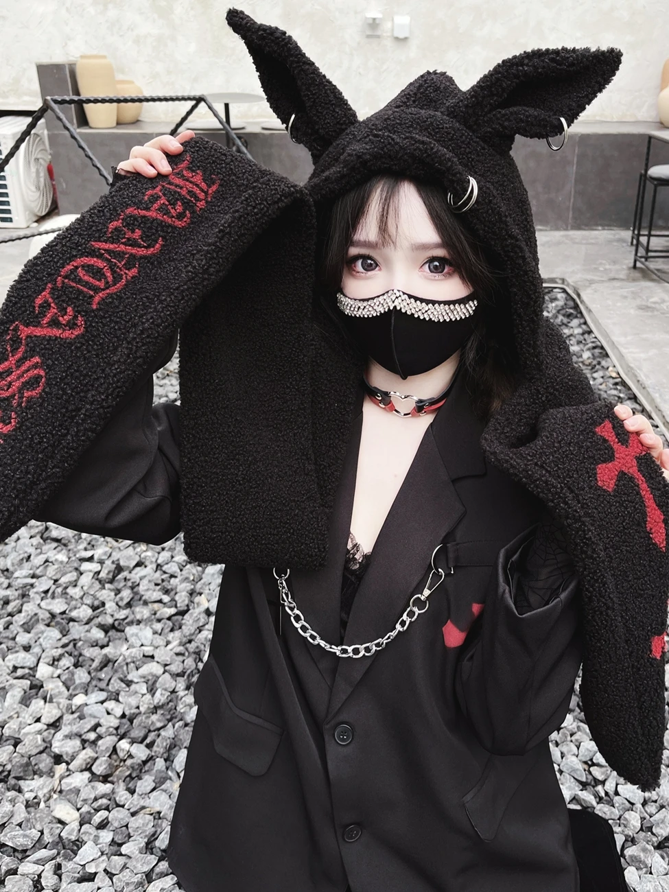 Harajuku Punk Rabbit Ear Hat Skull Letter Cross Plush Scarf Hat Women Winter Warm Hooded Windproof Earflap Scarf Streetwear