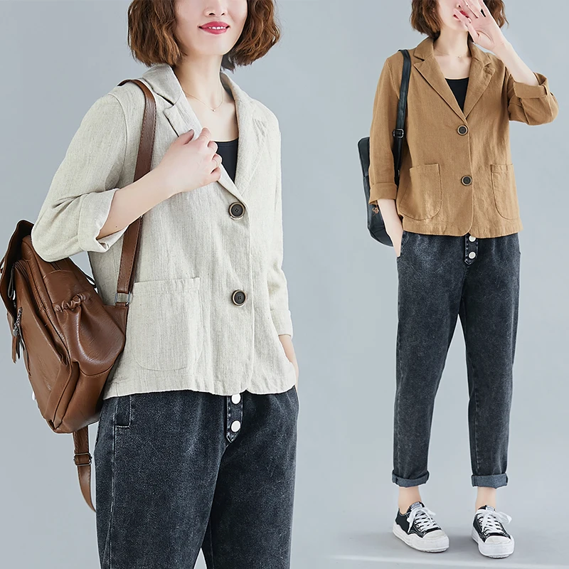 Women\'s Blazer 2022 New Summer Autumn Thin Section Single Breasted Cotton Linen Suit Jacket Ladies Loose Casual Coat Tops 2020