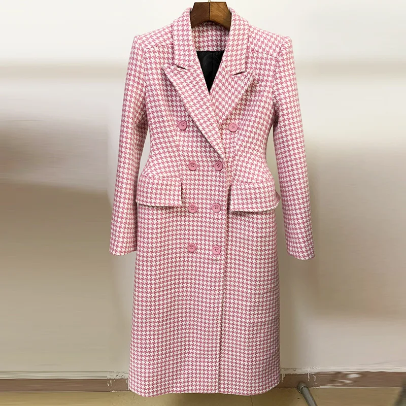 

New Designer Women's double-breasted plaid tweed overcoat England Style elegant coat C792