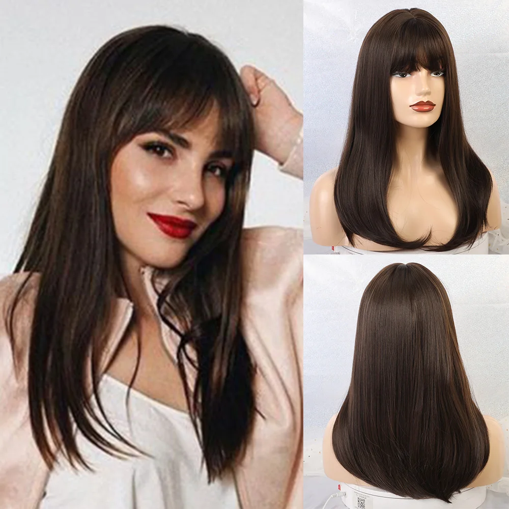 GEMMA Wig Sintetis Bob Lurus Medium dengan Poni Ombre Hitam Coklat Tua Wig Highlight Madu untuk Wanita Rambut Tahan Panas