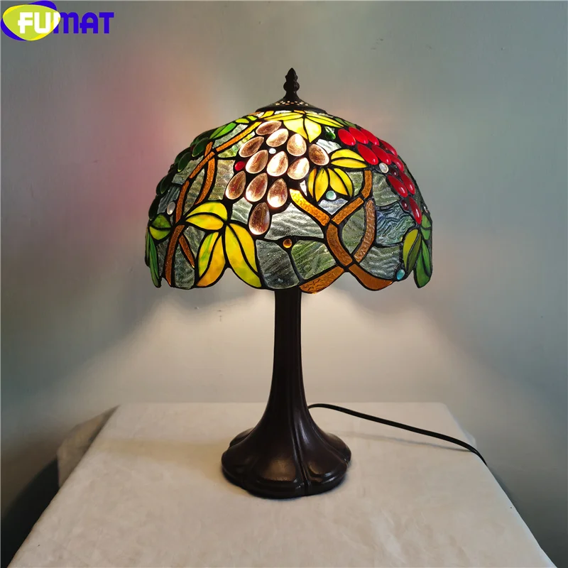 

FUMAT Antique Style Decor Desk Lamp Tiffany Stained Glass Handcraft Art Table Light Green Red Purple Grape Shade Alloy Frame 12“