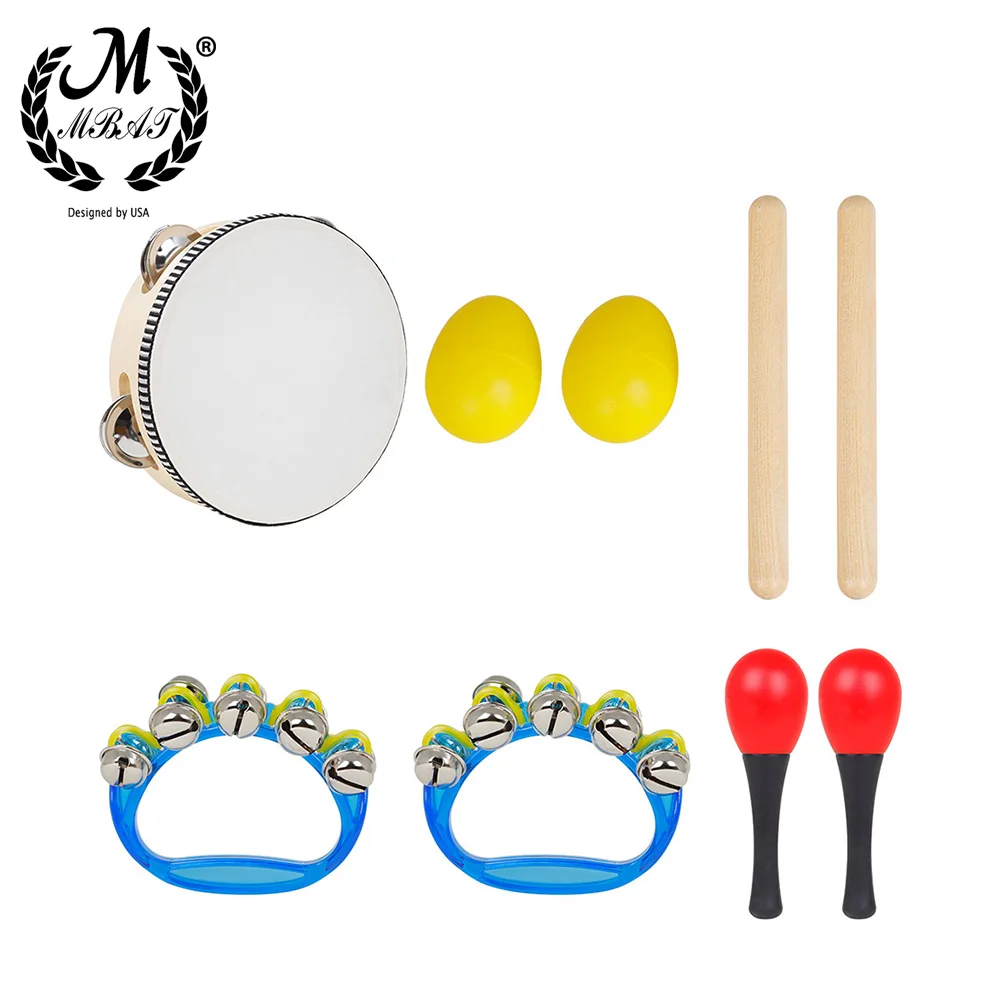 

M MBAT 5Pcs/Set Orff Instrument Set 6 Inch Black Lamb Chop Tambourine Sand Egg Rhythm Stick Children's Percussion Instrument Set