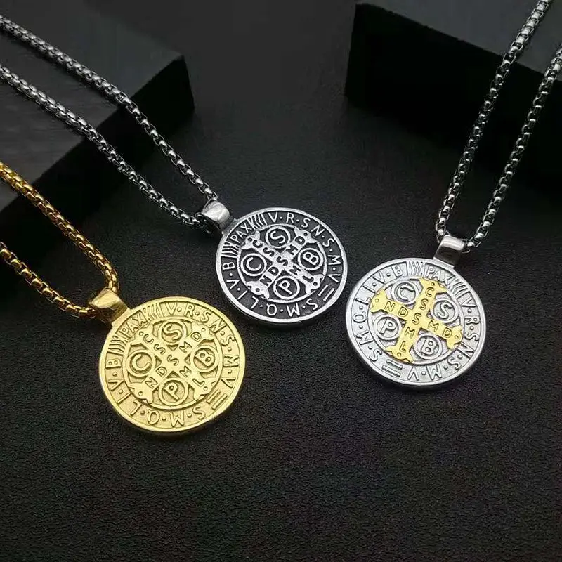 New Catholic Saint Benedict Medallion Pendant Necklace Gold Silver Color Stainless Steel San Benito Collares For Men Jewelry