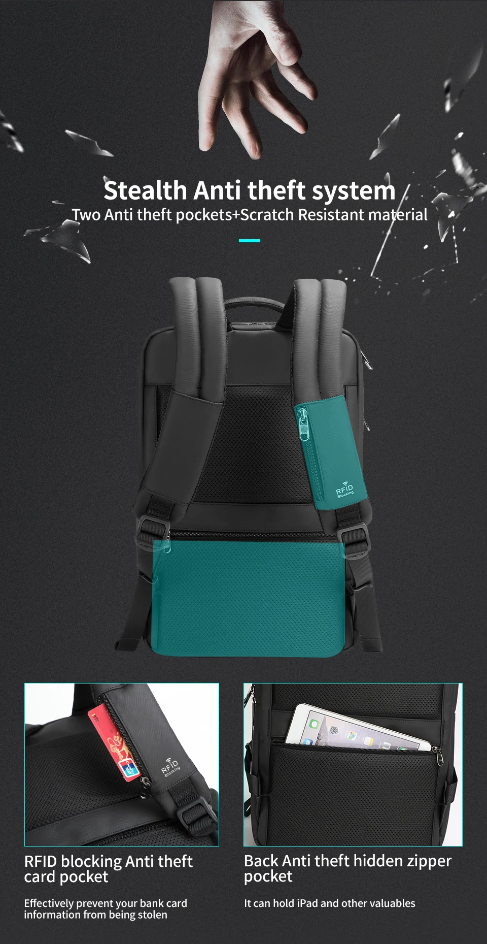 Tigernu Anti Diebstahl Rucksack 15,6 zoll Laptop Rucksack Männer TPU Wasserdichte Reise Rucksäcke Männlichen Schule Taschen Für Männer Gepäck Taschen – Detail 4