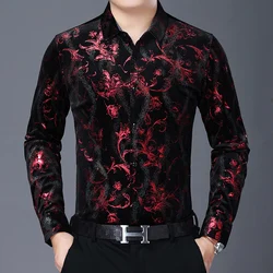 Vestidos florais de veludo manga comprida masculino, camisas douradas, roupas de veludo, flores masculinas, outono