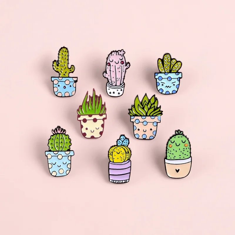 Custom Wholesale Cactus Aloe Brooch Bag Badge Jewelry Cartoon Smiling Potted Green Plants Lapel Enamel Pin Gift Children Friends