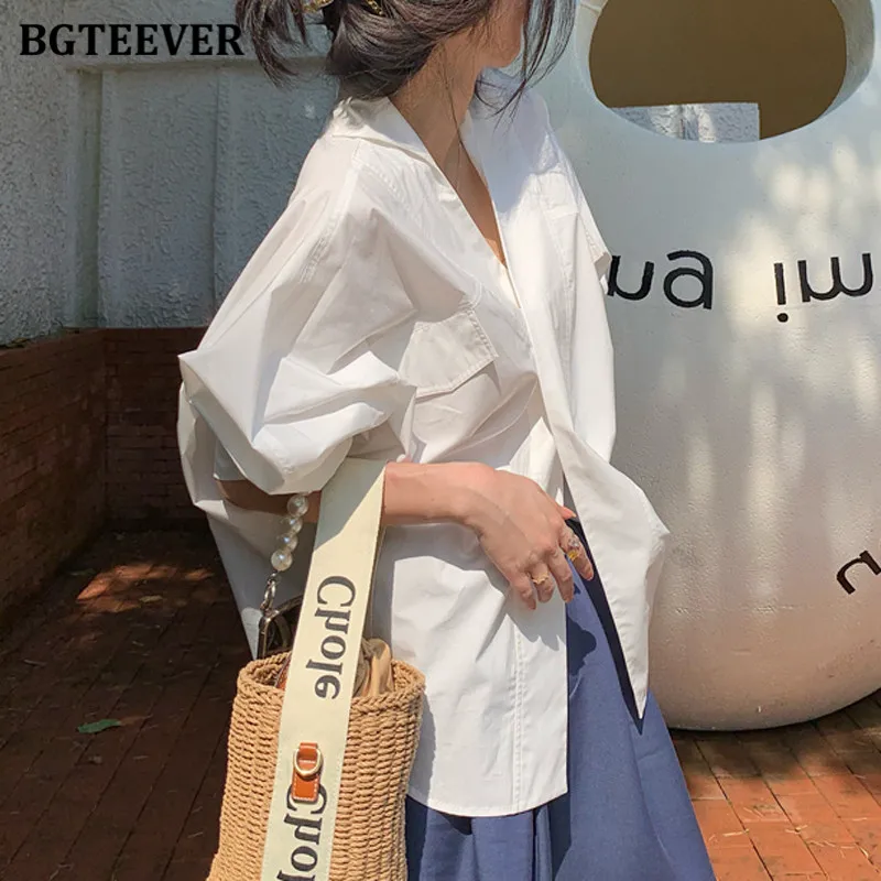 BGTEEVER Stylish Oversized White Shirts for Women 2021 Autumn Loose V-neck Full Sleeve Female Blouses Casual Blusas Femme