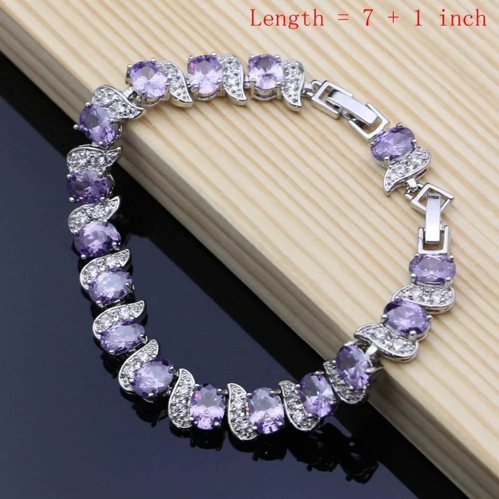 Natural 925 Silver Bridal Jewelry Sets Purple CZ Costume Jewelry Kits For Women Earrings/Pendant/Rings/Bracelet/Necklace Set