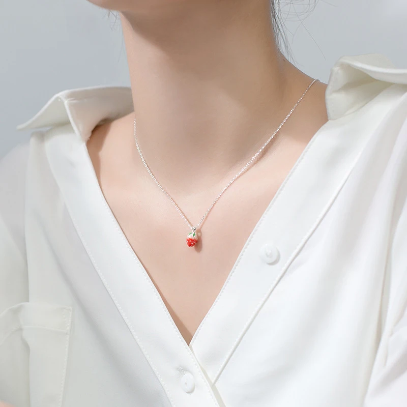 Modian Cute Strawberry Pendant Necklace for Women Fashion Genuine 925 Sterling Silver Gold Color Necklace Fine Jewelry Bijoux