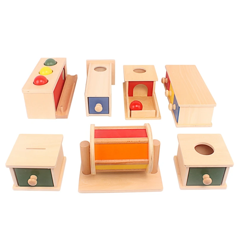 Montessori Materials Spinning Drum Match Piggy Coin Box Permanent Box Round Rectangular Box Sensory Toys for Toddlers IC Class