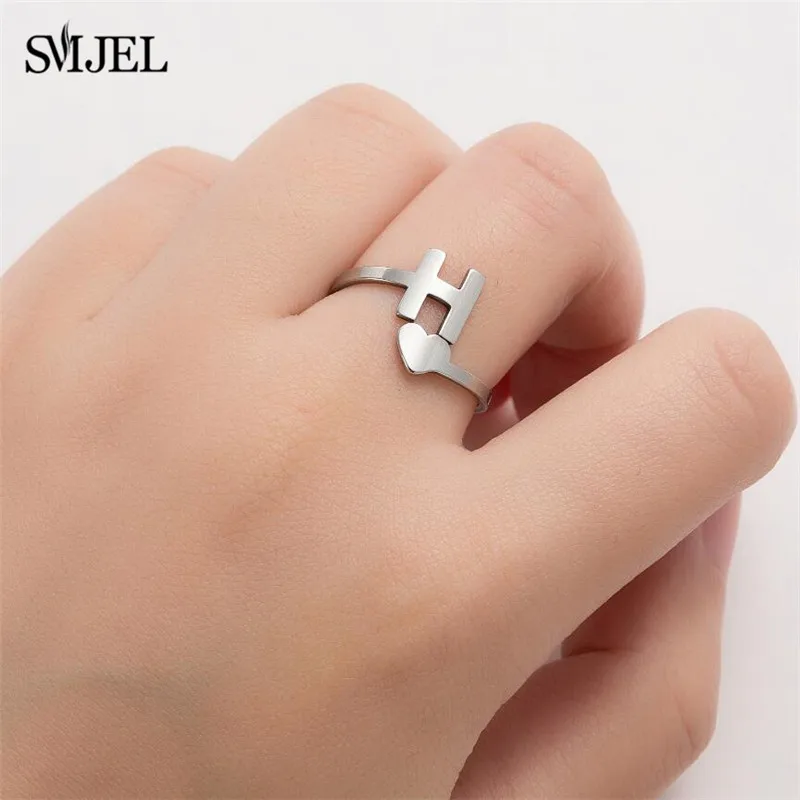 SMJEL Tiny Heart A-Z Letter Rings Adjustable Stainless Steel Opening Ring Initials Name Alphabet Female Party Trendy Jewelry