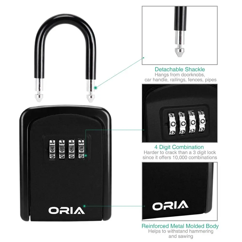 ORIA Key Lock Box Wall Mounted Key Safe Box Weatherproof 4 Digit Combination Key Storage Lock Box Indoor Outdoor Key Holder